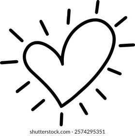 Black and white illustration featuring a heart shape radiating lines, capturing themes of love, affection, care, and positive energy in a simple, elegant design