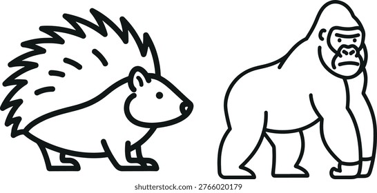 Black and white illustration featuring a hedgehog and a gorilla, depicted with clean lines and a flat design aesthetic.