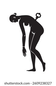 A black and white illustration featuring a human figure bent forward in a contemplative or exhausted pose, with a winding key on their back, symbolizing control or mechanical life.