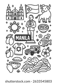 Ilustração em preto e branco com símbolos icônicos de Manila, incluindo uma igreja, bandeira, carabau, sol, peixe, jeepney, mangas, terraços de arroz e uma figura histórica.