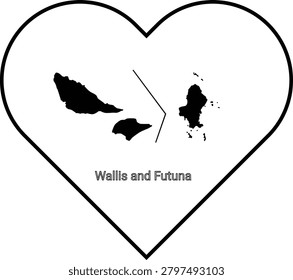 A black and white illustration featuring the islands of Wallis and Futuna within a heart shape, symbolizing affection for the territory.