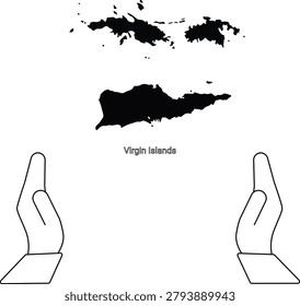 A black and white illustration featuring a map of the Virgin Islands and two open hands below.