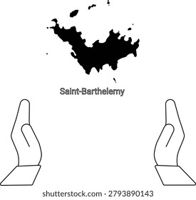 A black and white illustration featuring a map of Saint Barthelemy with two hands framing it.