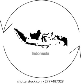 A black and white illustration featuring the map of Indonesia, an archipelago nation, enclosed within a circular arrow motif.