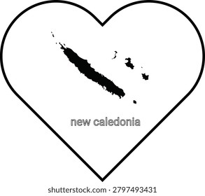 A black and white illustration featuring the map of New Caledonia superimposed on a heart shape, with the text new caledonia below.