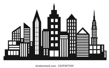 Ilustração em preto e branco com um horizonte da cidade moderna formando uma silhueta de paisagem urbana