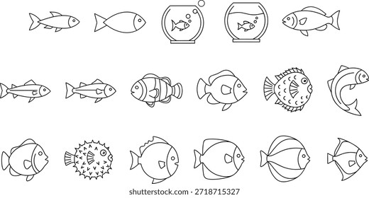Uma ilustração em preto e branco com várias espécies de peixes com formas e padrões variados