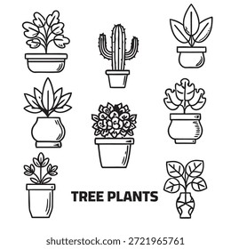 Uma ilustração em preto e branco com nove diferentes plantas em vaso e cactos dispostos em três fileiras