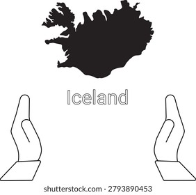 A black and white illustration featuring the outline of Iceland above the word Iceland, framed by two open hands.