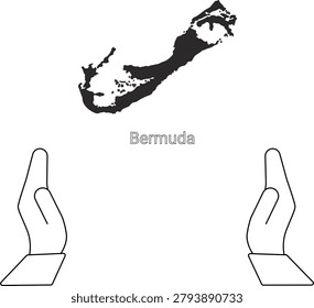 A black and white illustration featuring the outline map of Bermuda above the word Bermuda, flanked by two open hands.