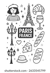 Black and white illustration featuring Parisian symbols like the Eiffel Tower, croissant, wine glass, cheese, baguette, street lamps, and a woman in a beret.