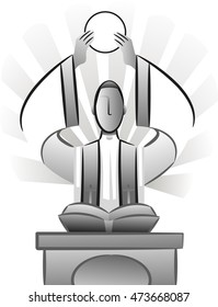 Black and White Illustration Featuring a Priest Raising the Host