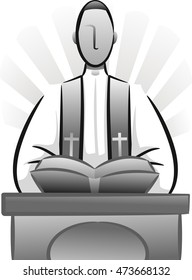 Black and White Illustration Featuring a Priest Delivering a Sermon