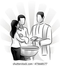 Black and White Illustration Featuring a Priest Baptizing a Child