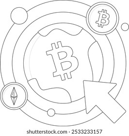 Black and white illustration featuring prominent cryptocurrency symbols like Bitcoin and Ethereum. Highlights global digital currency and blockchain technology with a focus on modern financial trends.