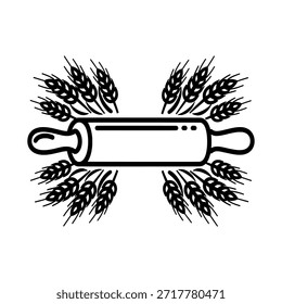 Ilustración en blanco y negro con un rodillo rodeado de tallos de trigo, que simboliza la cocción, los ingredientes naturales y las tradiciones culinarias.