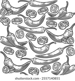 Black and white illustration featuring a seamless and detailed hand-drawn pattern of chili peppers and sliced rings in a continuous arrangement.