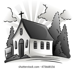 Black and White Illustration Featuring a Small Church