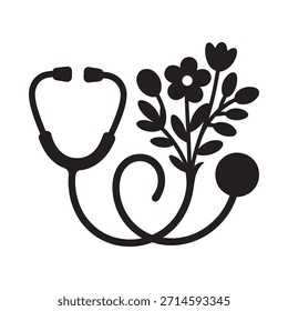 A black and white illustration featuring a stethoscope with a floral arrangement