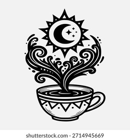 A black and white illustration featuring a stylized coffee cup with decorative swirling steam rising towards a sun and crescent moon with stars. This mystical design blends celestial elements with a beverage theme.