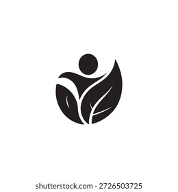 Uma ilustração em preto e branco com uma figura humana estilizada com folhas como parte do design. A figura parece estar em uma pose dinâmica, possivelmente dançando ou abraçando as folhas.