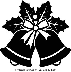 Una ilustración en blanco y negro con dos campanas de Navidades adornadas con un arco y rodeadas de hojas de acebo. El diseño es simple y elegante, enfatizando los temas de vacaciones.