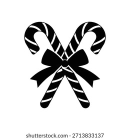 Una ilustración en blanco y negro con dos bastones de caramelo cruzados uno sobre el otro con un lazo decorativo atado a su alrededor.