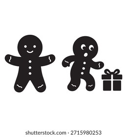Ilustración en blanco y negro con dos figuras de pan de jengibre y un Pequeño regalo envuelto.