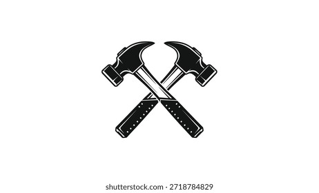 Una ilustración en blanco y negro con dos martillos de garra cruzados, que simbolizan la construcción, la reparación y la artesanía. El diseño es limpio y adecuado para varios propósitos de marca.