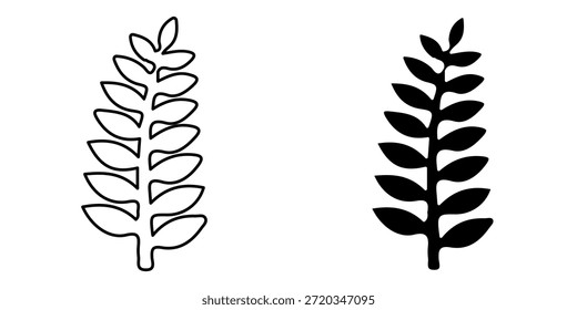 Ilustración en blanco y negro con dos ramas estilizadas con múltiples hojas sobre un fondo blanco.