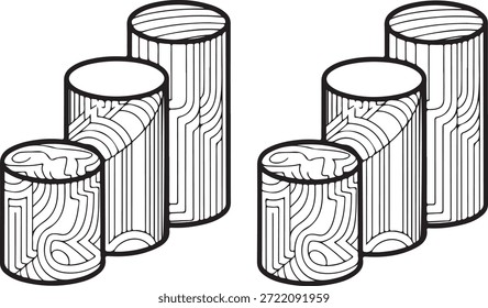  Uma ilustração em preto e branco com dois grupos idênticos, cada um contendo três toras de madeira de alturas variadas, com detalhes visíveis dos grãos de madeira