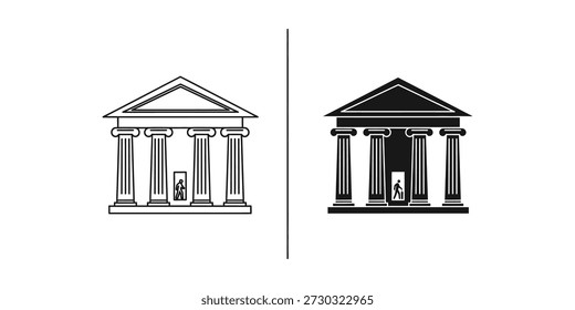 Ilustración en blanco y negro con dos siluetas de templos griegos antiguos, que muestran la arquitectura clásica con columnas y frontones triangulares.