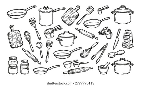 A black and white illustration featuring a variety of kitchen tools and cookware, including pots, pans, cutting boards, whisks, spatulas, rolling pins, measuring cups, a grater, a knife, tongs, a mort