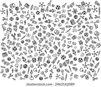 A black and white illustration featuring various school-related items such as pencils, bags, soccer balls, letters, scissors, geometry tools, and books. Used for supplies, stationery, and class decor.