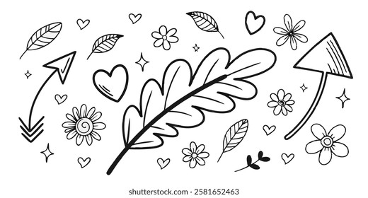 A black and white illustration featuring various arrows and arrowheads, drawn in a whimsical, hand-drawn style. The arrows vary in size and design, with some featuring feathers and others simple point