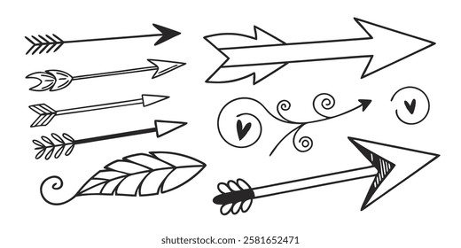 A black and white illustration featuring various arrows and arrowheads, drawn in a whimsical, hand-drawn style. The arrows vary in size and design, with some featuring feathers and others simple point