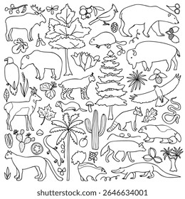 A black and white illustration featuring various animals, plants, and nature elements, designed for coloring or artistic purposes.