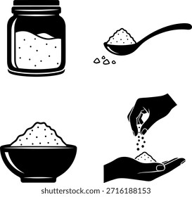 A black and white illustration featuring various scenes of salt or sugar being stored, scooped, and poured, showcasing a clean and minimalist design style.