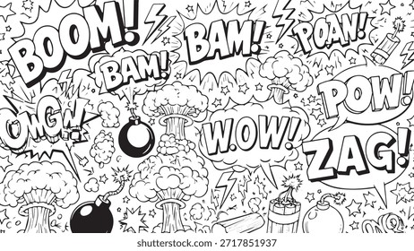 Eine schwarz-weiße Illustration mit verschiedenen Explosionen im Comic-Stil, Bomben und Lautmalerei-Klangwörtern wie BOOM, BAM, POW und ZAG.