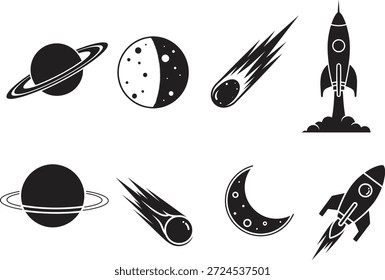 Una ilustración en blanco y negro con varios objetos espaciales y cohetes, incluidos planetas, lunas y naves espaciales.
