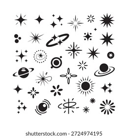Ilustração em preto e branco com vários objetos celestes e explosões estelares
