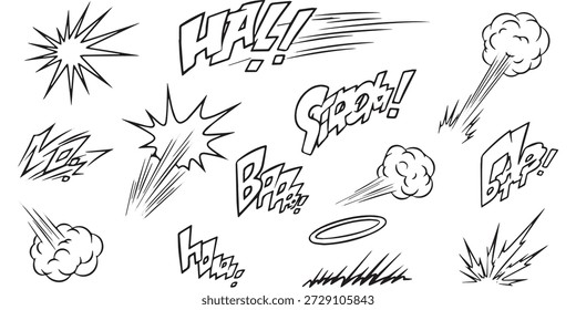 Eine schwarz-weiße Illustration mit verschiedenen Comic-Soundeffekten wie 'HA!!', 'BOOM!', 'SWOOSH!' und 'CRASH!' mit Aktionslinien und Explosionsgrafiken.