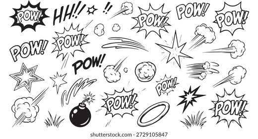 Uma ilustração em preto e branco com vários efeitos sonoros de quadrinhos, como POW e HH, juntamente com elementos de ação, como estrelas, explosões e uma bomba.