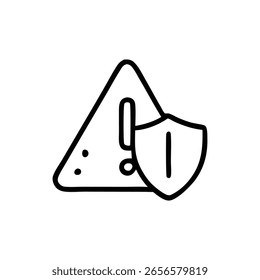 A black and white illustration featuring a warning triangle with an exclamation point and a shield.
