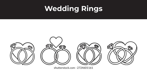Black and white illustration featuring wedding rings, a heart, and diamond details.