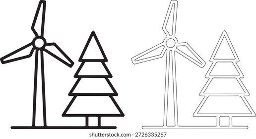 A black and white illustration featuring a wind turbine and a tree side by side, with one in solid black and the other in a dotted line style.