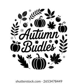 Uma ilustração em preto e branco com as palavras Autumn Bundles rodeadas por vários elementos de outono como abóboras, folhas e ramos dispostos em um padrão circular.
