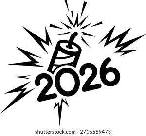 Una ilustración en blanco y negro que presenta el año 2026 con un petardo explosivo sobre él, rodeado de estallidos estelares y Formas de rayos, que simbolizan un dinámico año nuevo o evento.