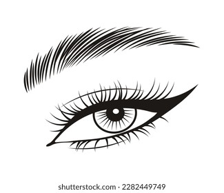 Black and white illustration of a female eye with long eyelashes. Beauty logo, eyelash salon logo