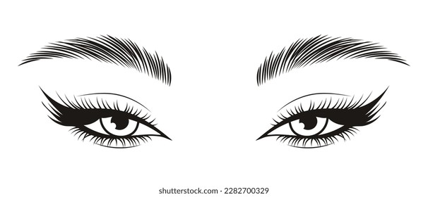 Black and white illustration of female eyes with long eyelashes and eyebrows. Beauty logo, eyelash salon logo